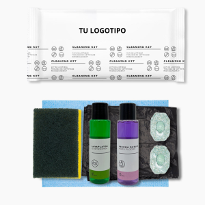 Kit limpieza apartamento: bayeta, salvauñas, lavavajillas, friegasuelos, bolsa de basura y pastilla lavaplatos
